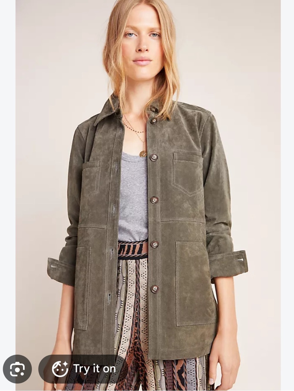 Anthropologie Suede Shirt Jacket in Olive Green